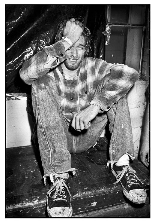Kurt Cobain of Nirvana crying backstage after a Sub Pop showcase, Seattle 1990, photographed by Ian Tilton
